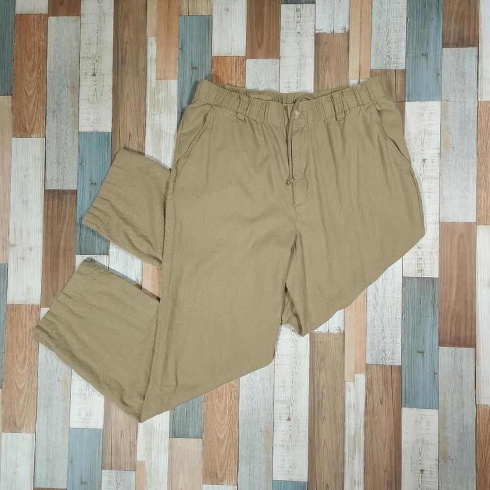 Roundtree & Yorke Mens Khaki Linen Blend‎ Elastic Waist Drawstring Pants 36x32
